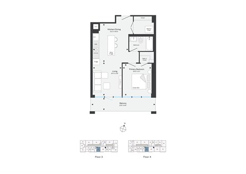 Floor plan for 1 bed, 1 bath, 587 sqft